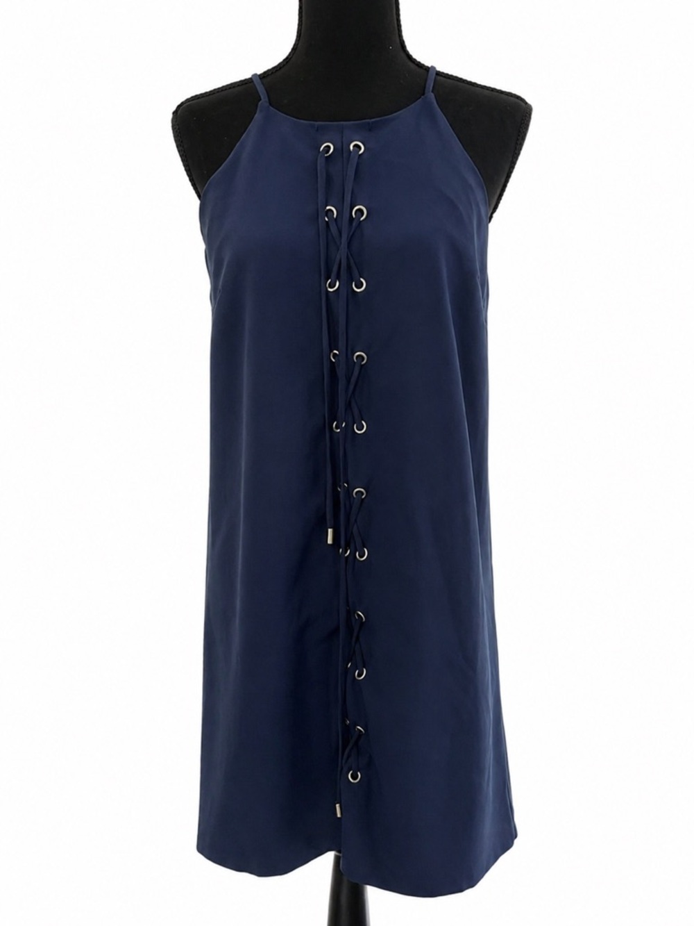 Skies Are Blue Navy Halter Dress with Lace-Up Front